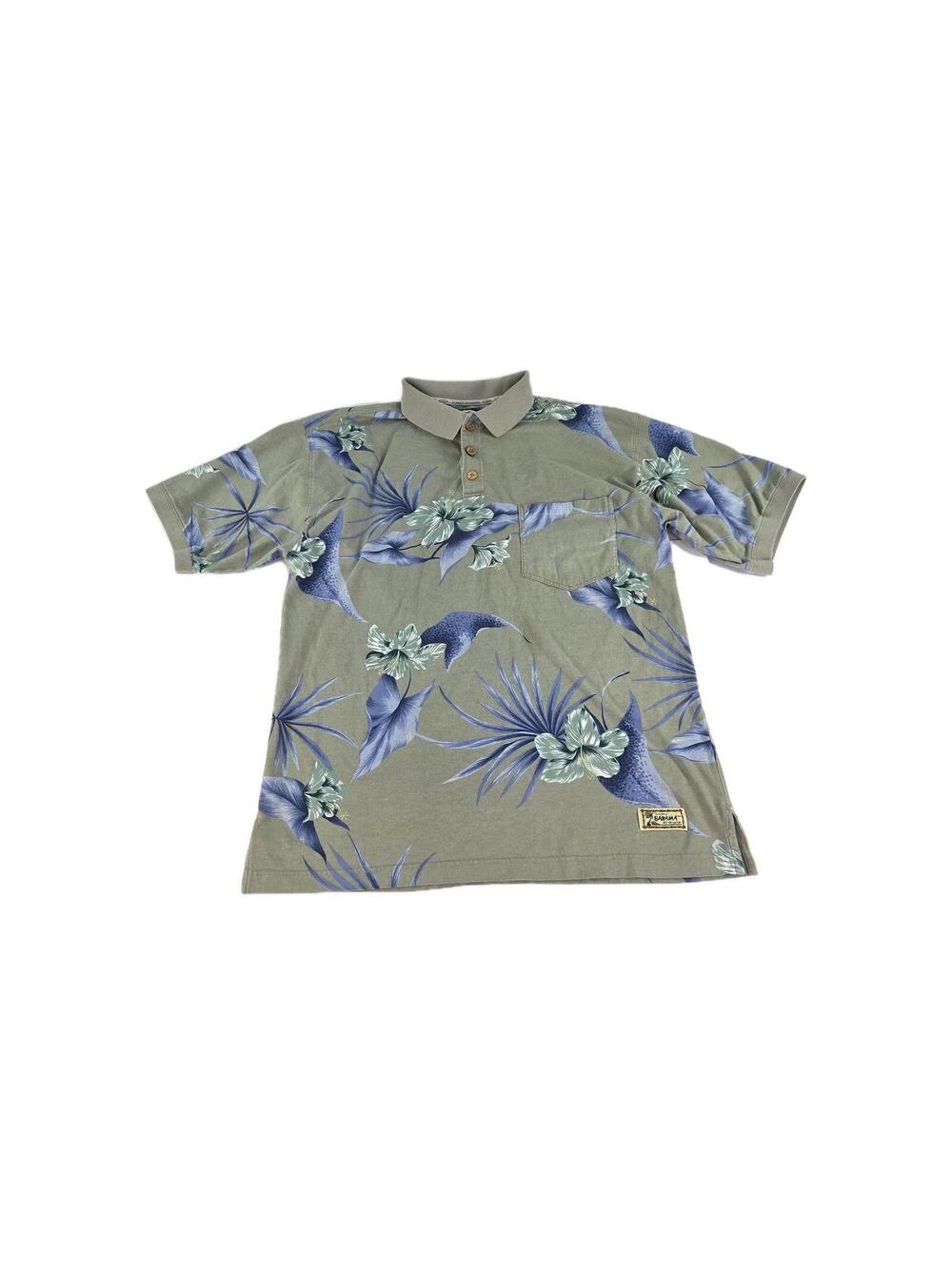 VTG Tommy Bahama Polo Shirt Mens Siz L Green Tropical Hibiscus Floral Cotton